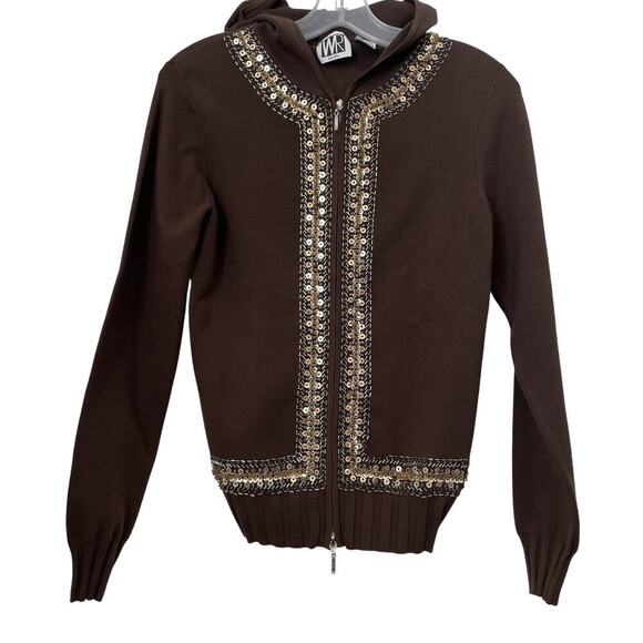 VTG WR Brown Sequence Hooded Zip Sweater Woman Sz M Y2K Preppy Boho Old Money - Picture 1 of 13